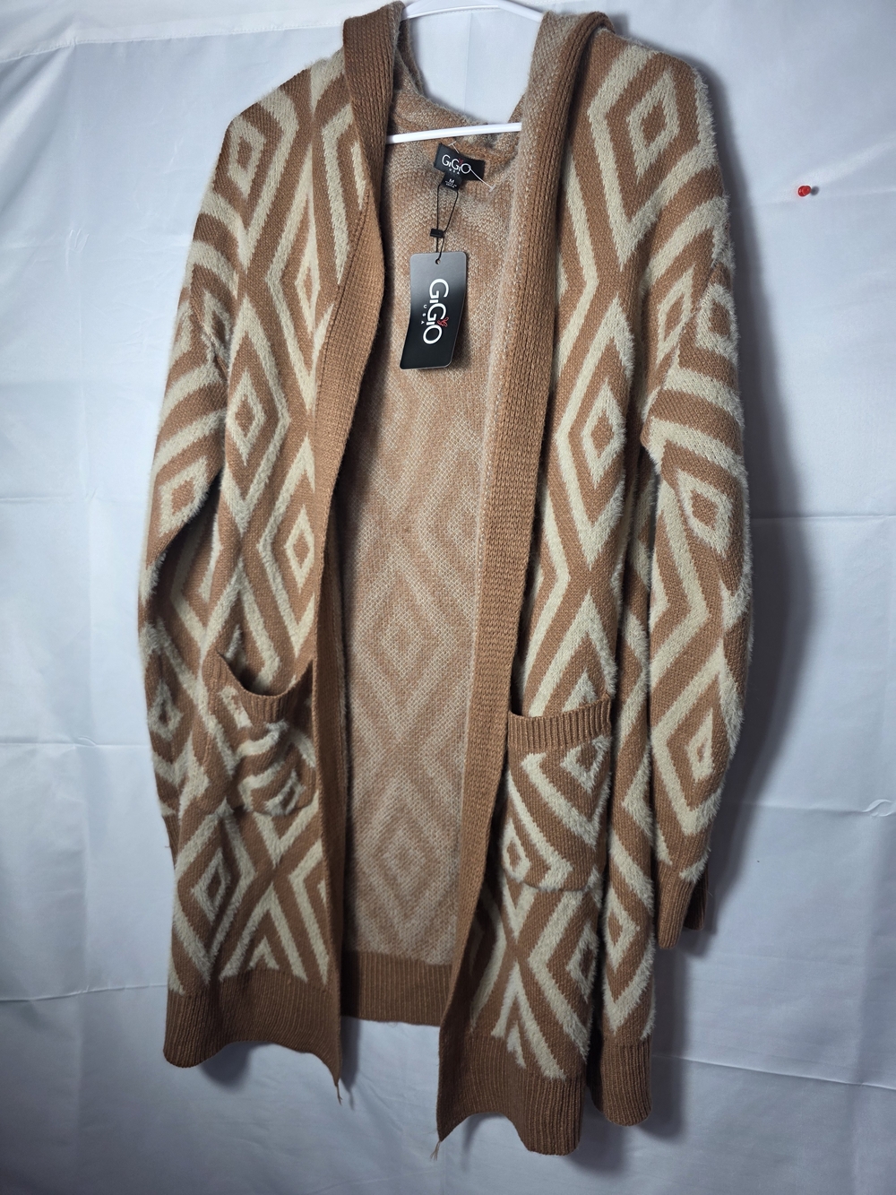 G&G Gigio Open-Front Geometric Hooded Cardigan - Tan & Cream New Boho Soft 90's